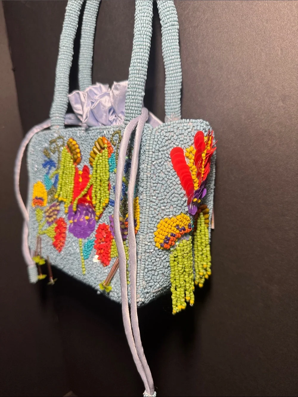 Hand-Beaded Floral Tulip Drawstring Clutch in Light Blue